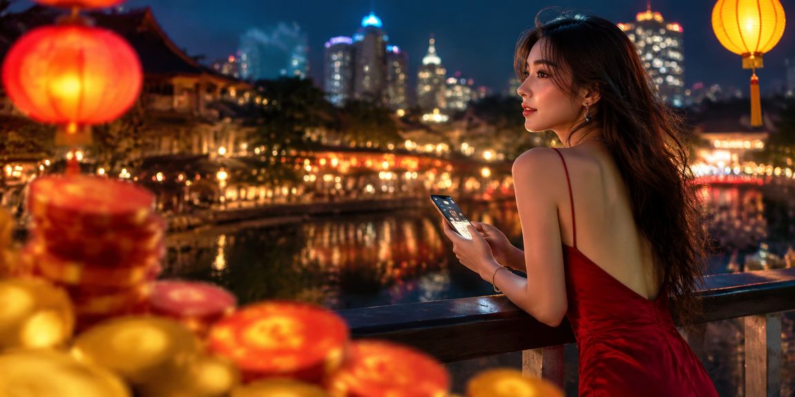 Người chơi Hà Nội dùng điện thoại tham gia casino với lồng đèn trang trí xung quanh